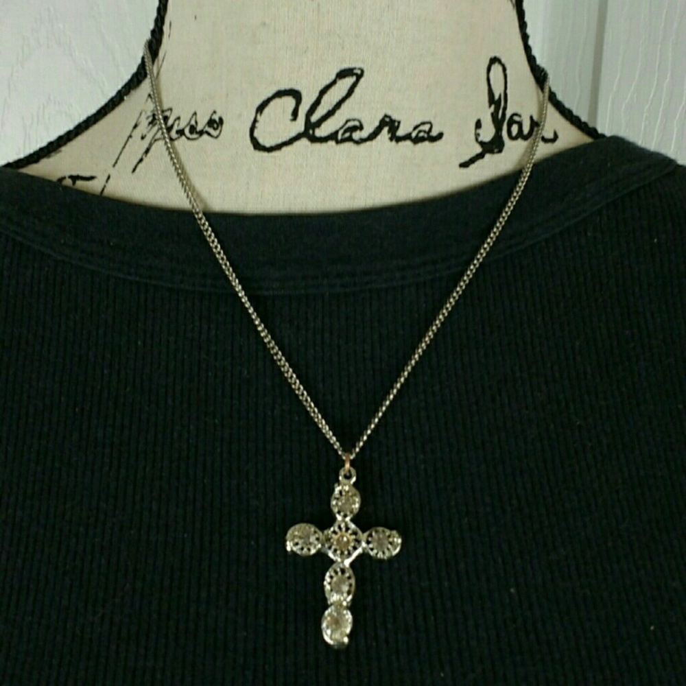 Silver tone rhinestone cross necklace, 17" long